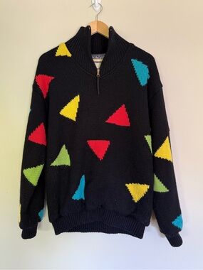 Vintage SOS Sportswear Wool Blend Black Sweater with Colorful Triangle Accents M